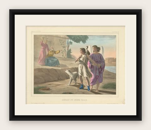 Antique Religious Print 'No. 17' The Departure of Young Tobias, circa 1840, shown framed