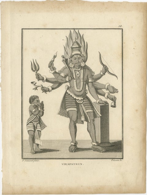 Rare Engraving of Hindu Deity Virapatrin, Antique Print Published in 1806, view 2