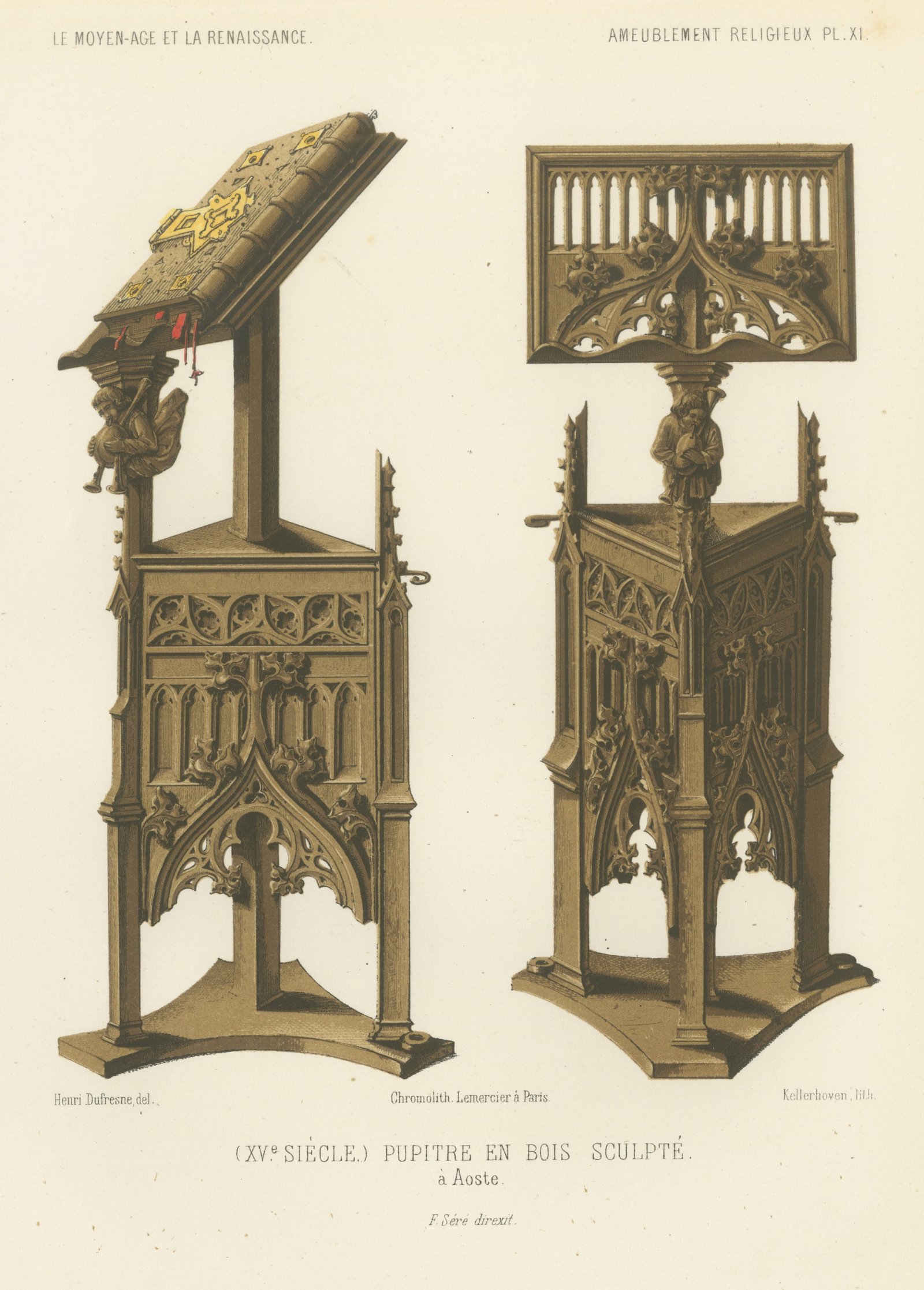 Carved Wooden Lectern at Aosta, Fifteenth Century, Antique Print, 1851