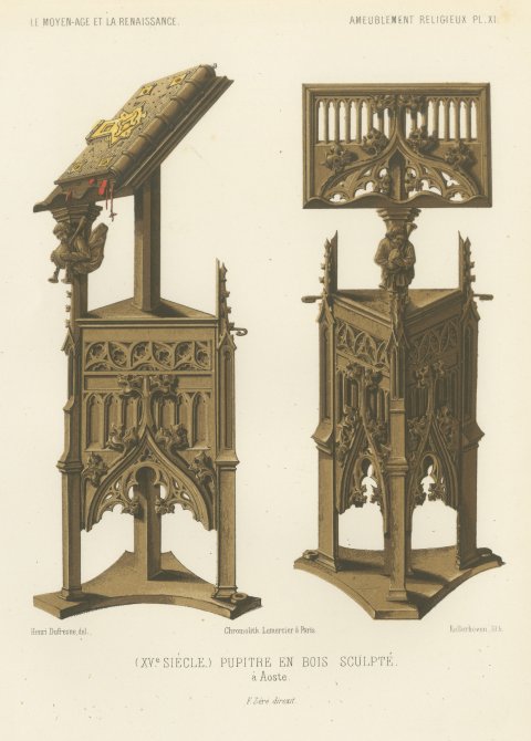 Carved Wooden Lectern at Aosta, Fifteenth Century, Antique Print, 1851