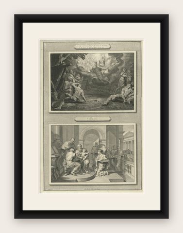 Annunciation to the Shepherds & Circumcision of Christ, Pieter Mortier, ca. 1700, shown framed