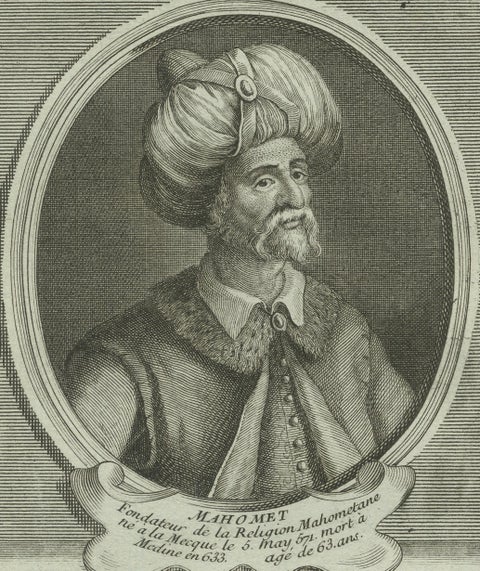 Prophet Muhammad (Mahomet), 18th Century Paris Engraving by Daumont, c.1770, close-up 2