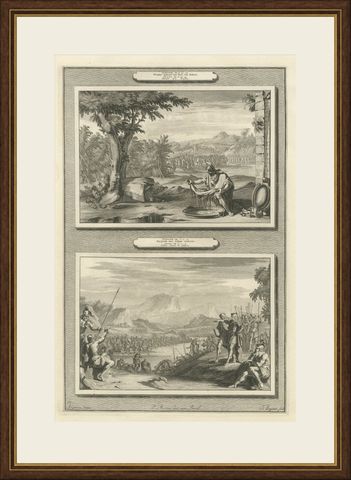 Gideon's Fleece and Gideon Chooses His Soldiers, Mortier Bible circa 1700, shown framed