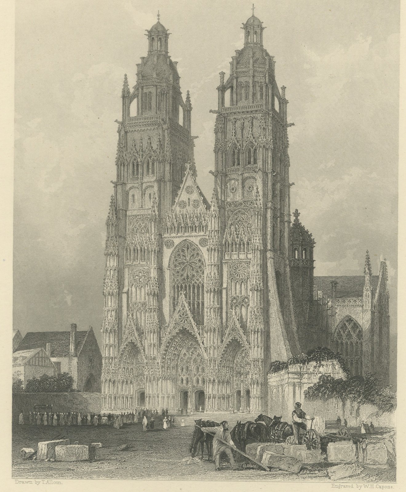 St. Gatien Cathedral, Tours, Antique Steel Engraving after T. Allom, circa 1845