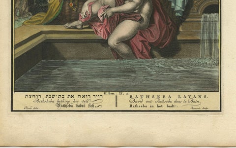 Bathsheba in the Bath, Old Testament Scene, Antique Engraving c.1730, close-up 4