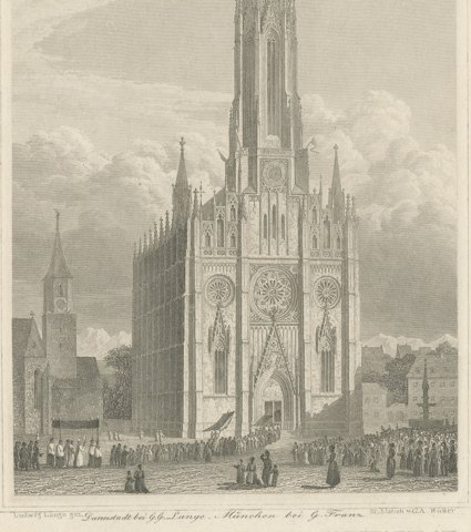 Mariahilfkirche, Au, Munich, Antique Steel Engraving after L. Lange, circa 1840, close-up 2