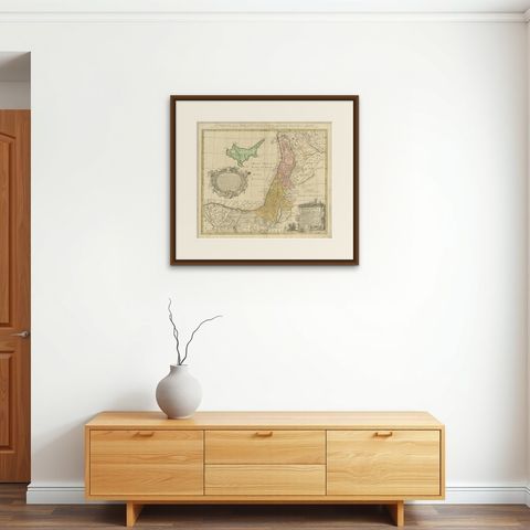 Holy Land Map Palestine Homann Heirs, Hand Colored, c.1744, shown framed on a wall, true to size