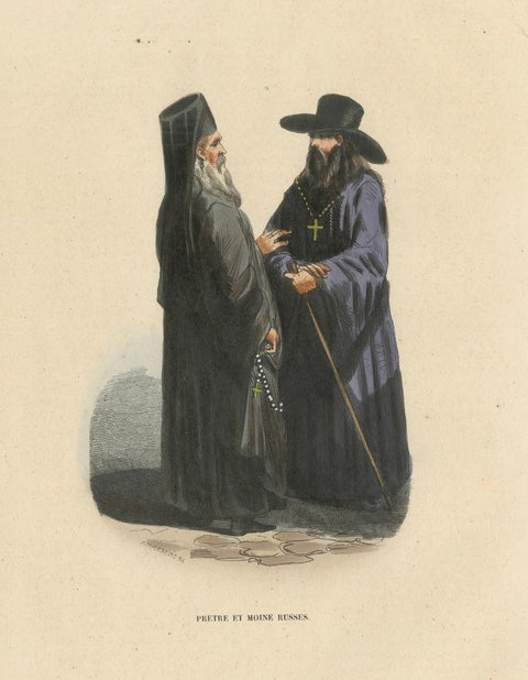 Russian Priest and Monk, Hand-Coloured Lithograph, c.1845, close-up 1