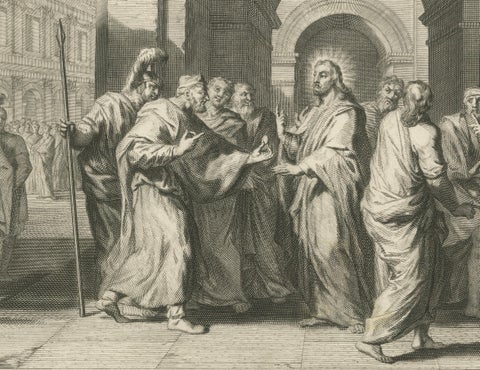 Antique Biblical Engravings, Tribute to Caesar & Reading of the Law, ca.1700, close-up 3