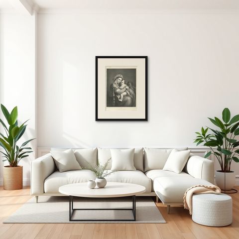Madonna and Child Print after Raphael, La Vierge à la Chaise, circa 1850, shown framed in a room, true to size