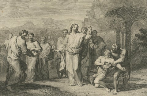 Biblical Engravings, Christ Transfiguration & Healing of the Possessed, ca.1700, close-up 1