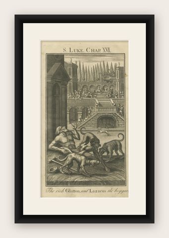 The Rich Glutton and Lazarus Engraving, Luke XVI Biblical Scene 1735, shown framed