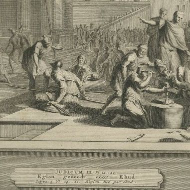 Punishment of Adonibezek and Ehud Kills Eglon, Mortier Bible circa 1700, close-up 2