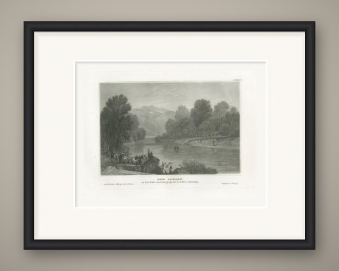 Antique View of the River Jordan, Pilgrims at the Ford, Engraving, circa 1850, shown framed