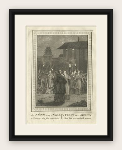 Old Engraving Depicting the Buddhist Festival of Souls 'Obon' in Japan, 1758, shown framed