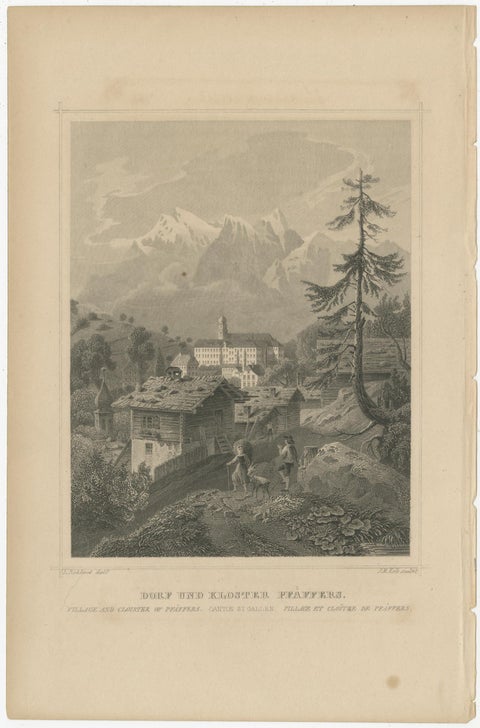 Antique Print of the Village and Monastery of Pfäfers, Switzerland, view 2