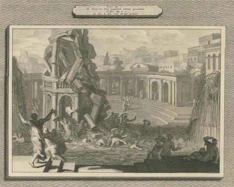 John the Baptist in Prison & Fall of the Tower of Siloam, Pieter Mortier, c.1700, close-up 6