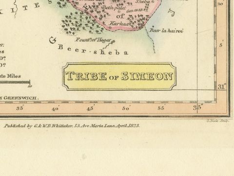 Antique Map of the Tribe of Simeon and the South Country, Wyld, 1823, close-up 1