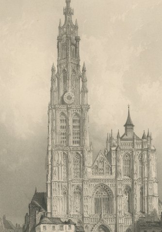 West Front of Antwerp Cathedral, Antique Engraving after Allom, circa 1850, close-up 3