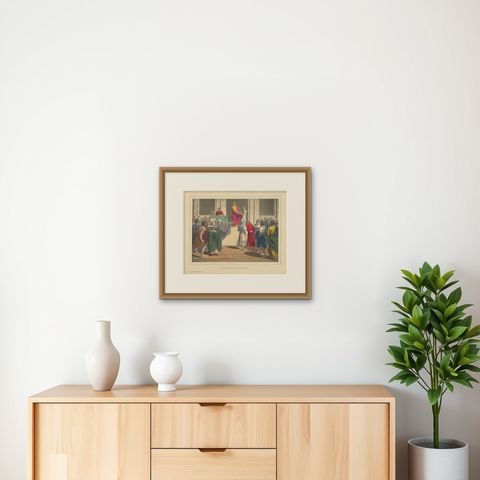 Antique Religious Print 'No. 33' Pilate Washing His Hands, circa 1840, shown framed on a wall, true to size