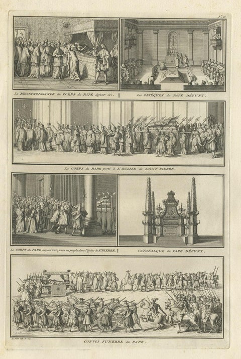 Antique Religion Print Showing Rituals & Ceremonies for the Death of a Pope 1724, close-up 1
