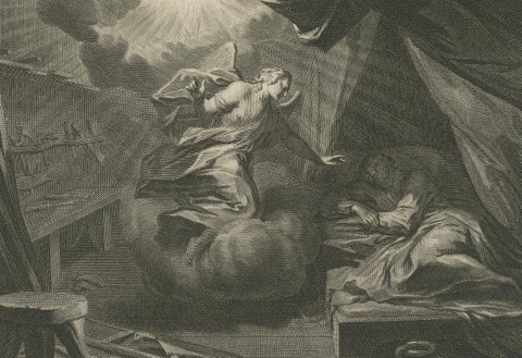Birth of John the Baptist & Angel Appearing to Joseph, Pieter Mortier, ca. 1700, close-up 2