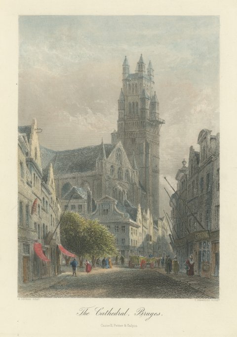 The Cathedral, Bruges, Hand Colored Steel Engraving after E. George, circa 1878