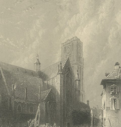 St. Lawrence Church, Rotterdam, Steel Engraving after G. Balmer, circa 1860, close-up 1