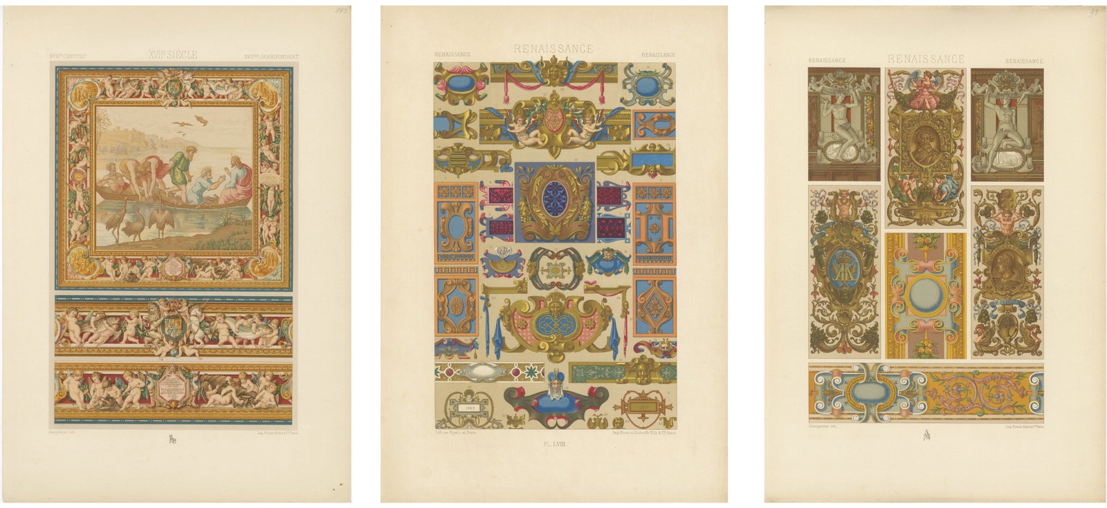 Set of Three Renaissance Religious Ornament Chromolithographs by Racinet, 1873