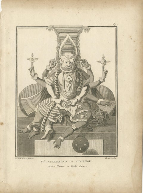 Striking 1806 Narasimha Vishnu Lion-Man Avatar Antique Print, Hindu Engraving, view 2