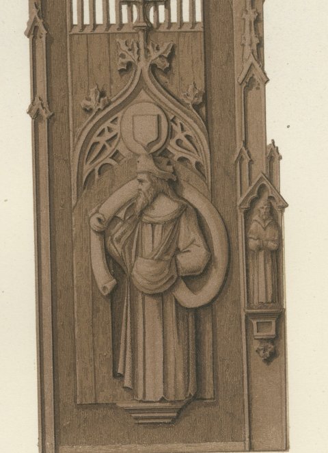 Carved Oak Stalls, Cologne and Aosta, Antique Print, 1851, close-up 3