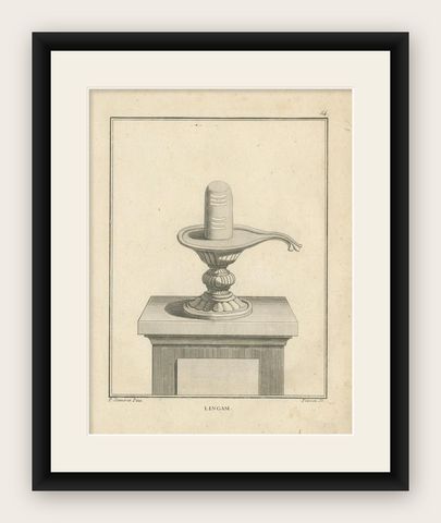 1806 Engraving: Sacred Lingam, Symbol of Shiva in Hindu Worship, shown framed