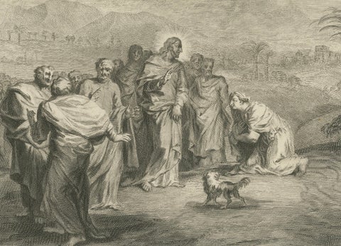 Antique Biblical Engravings, Christ Walking on Water & Canaanite Woman, 1700, close-up 1