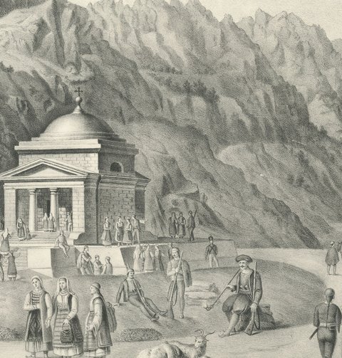 Temple of Saint Francis on Monte Velebich, Lithograph, circa 1840, close-up 1