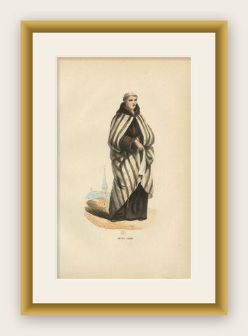 Antique Print of a Carmelite Monk in Old Handcoloring, 1845, shown framed