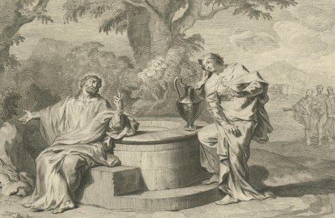 Rare Antique Print, Christ with Nicodemus & Samaritan Woman at the Well, c.1700, close-up 1