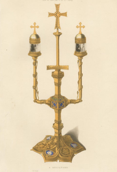 Medieval Reliquary, Gothic Church Treasure, Hand-Colored Engraving, ca.1850, view 3