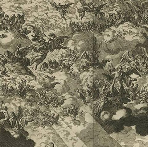 Antique Bible Print Angels Announce Birth of Jesus by J. Luyken, 1743, close-up 1