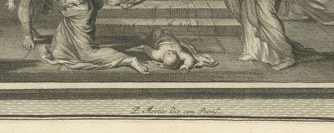 Solomon Anointed King and the Judgment of Solomon, Pieter Mortier, circa 1700, close-up 1