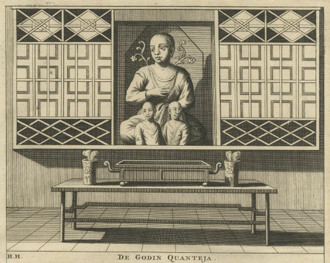 Old Print of Female Deities of Chinese Buddhism, Quanteja and Quam Iem Hoedso, close-up 1