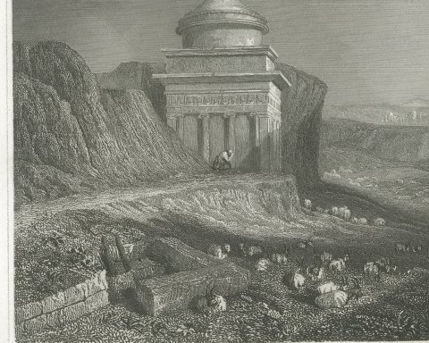 Antique View of Absalom's Tomb, Jerusalem, Steel Engraving, circa 1850, close-up 1