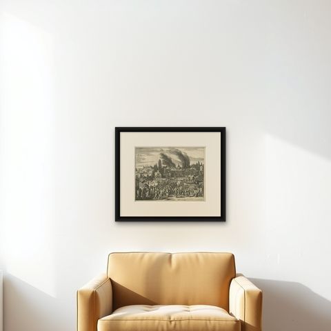 Antique Print of a Japanese Funeral Ceremony, shown framed on a wall, true to size