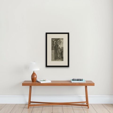 Antique Print of Saint Nilus Kneeling in Prayer, 1762, shown framed on a wall, true to size
