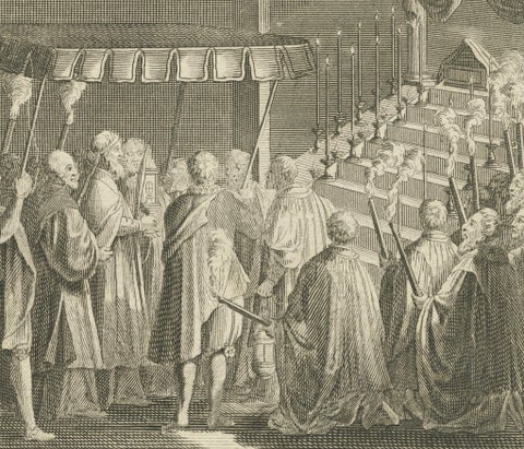 Holy Week and Candlemas Rites, 1734 Engraving of Catholic Liturgical Scenes, close-up 2