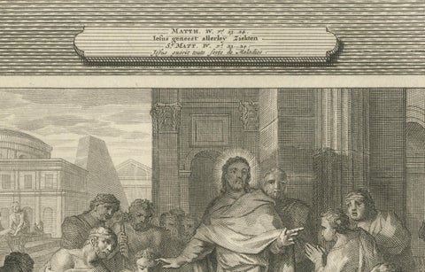 Christ Healing the Sick and Preaching the Sermon on the Mount, P. Mortier, 1700, close-up 1