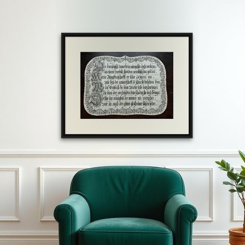 Unique 18th c. German Manuscript Broadside, Virgin Mary Devotional Poem, c.1750, shown framed on a wall, true to size
