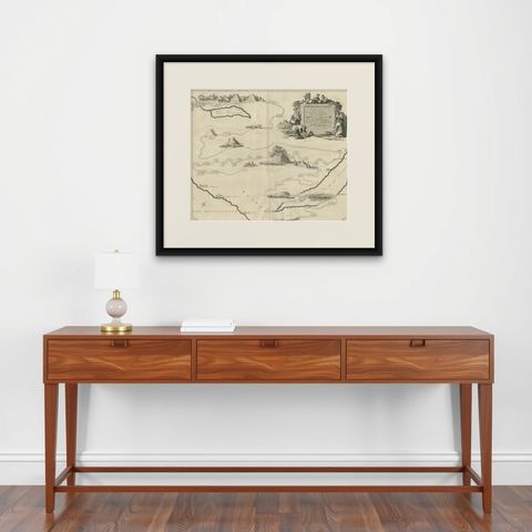 Decorative Map of the Holy Land, Wanderings of Moses by Pieter Mortier, ca. 1700, shown framed on a wall, true to size