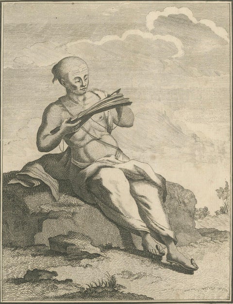 Shaivite Brahmin Reading Scriptures, Sonnerat Engraving, India, Paris 1806, close-up 4
