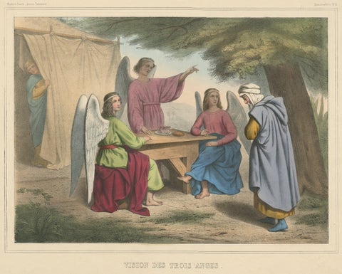 Old Print from the Old Testament the Vision of the Three Angels, ca.1840, close-up 1