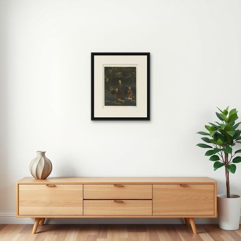 Japanese Monk and Young Attendant: Antique Lithograph, 1880s, shown framed on a wall, true to size